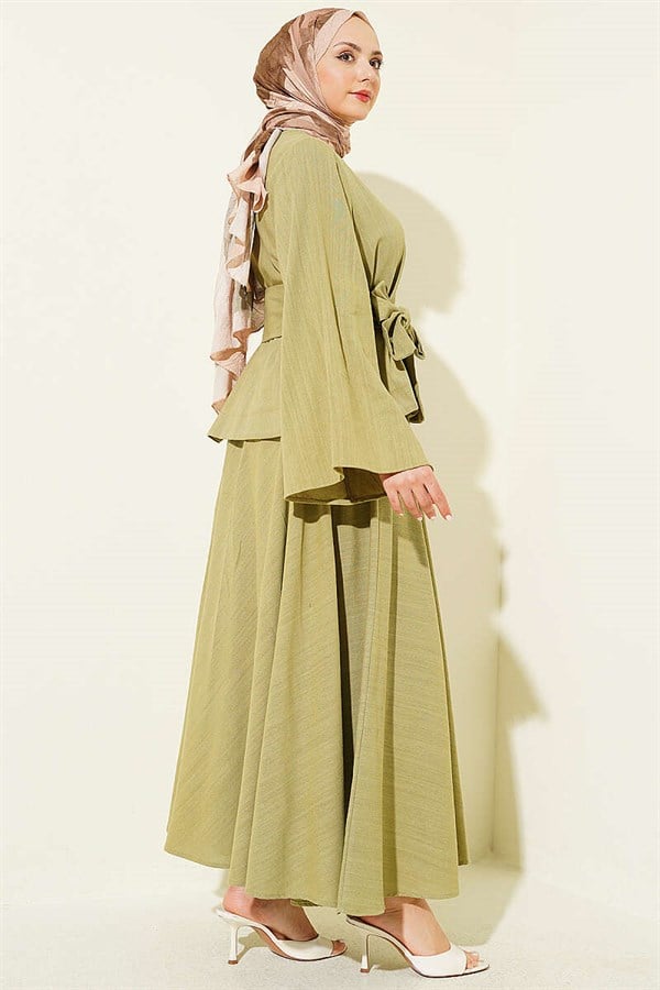 Gold Buttoned Belted Linen Skirt Set in Khaki