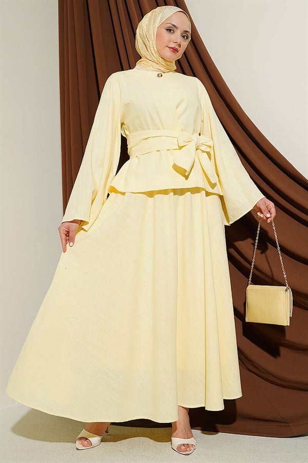 Yellow Linen Skirt Suit with Gold Buttons and Belt