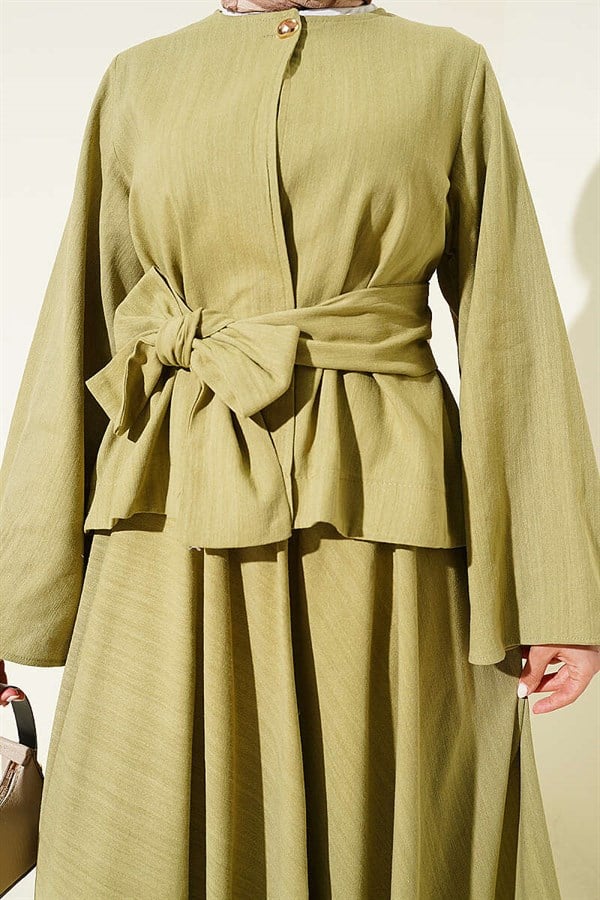 Gold Buttoned Belted Linen Skirt Set in Khaki