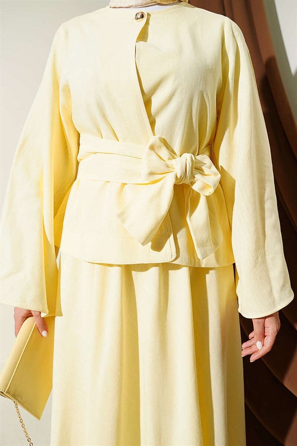 Yellow Linen Skirt Suit with Gold Buttons and Belt
