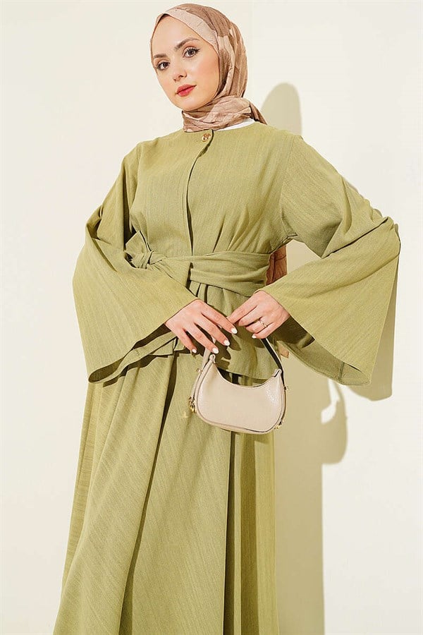 Gold Buttoned Belted Linen Skirt Set in Khaki