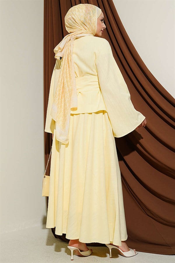 Yellow Linen Skirt Suit with Gold Buttons and Belt