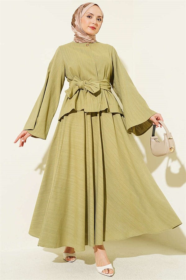 Gold Buttoned Belted Linen Skirt Set in Khaki