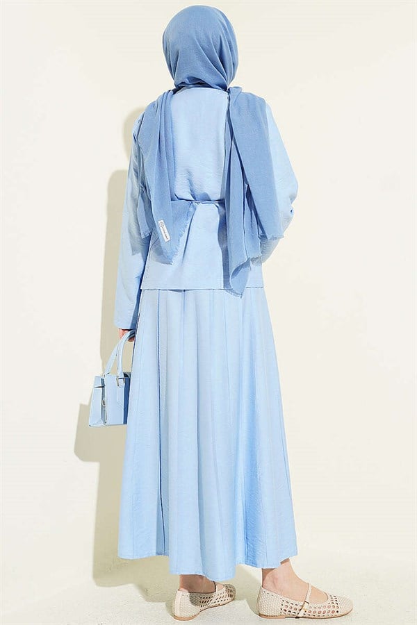 2 Piece Set with Gold Buttons, Belt, and Pleated Skirt, Baby Blue