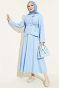 2 Piece Set with Gold Buttons, Belt, and Pleated Skirt, Baby Blue