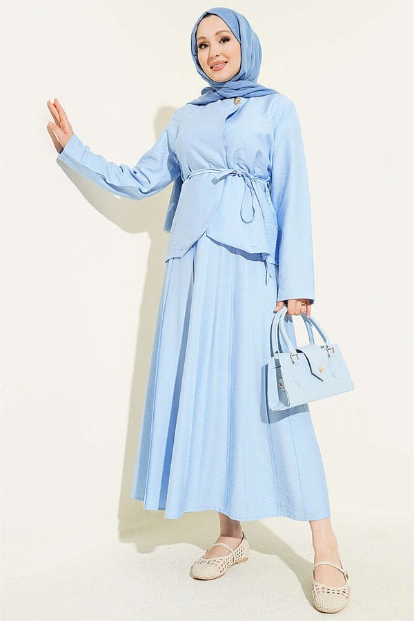 2 Piece Set with Gold Buttons, Belt, and Pleated Skirt, Baby Blue