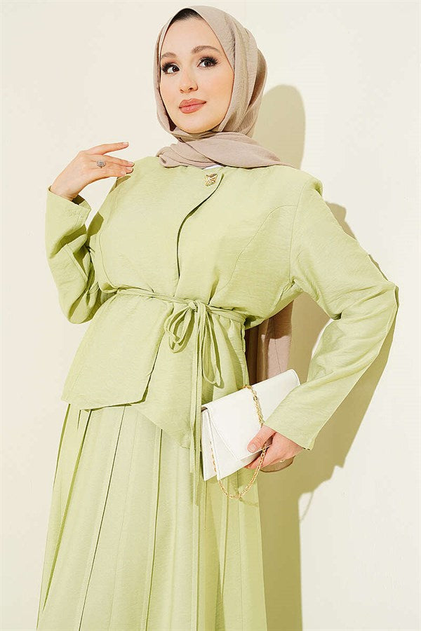 Gold Buttoned Belted Pleated Skirt 2 Piece Set in Light Green