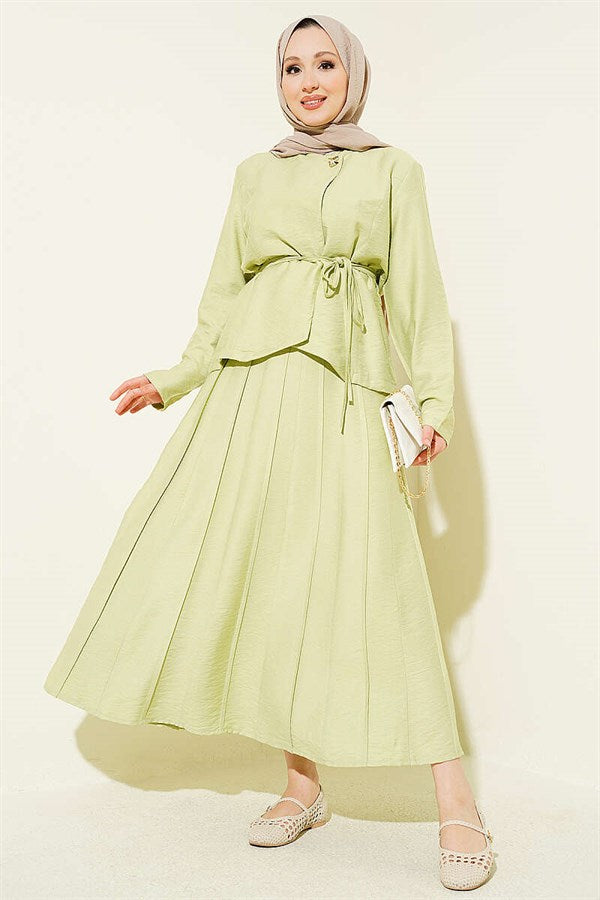 Gold Buttoned Belted Pleated Skirt 2 Piece Set in Light Green