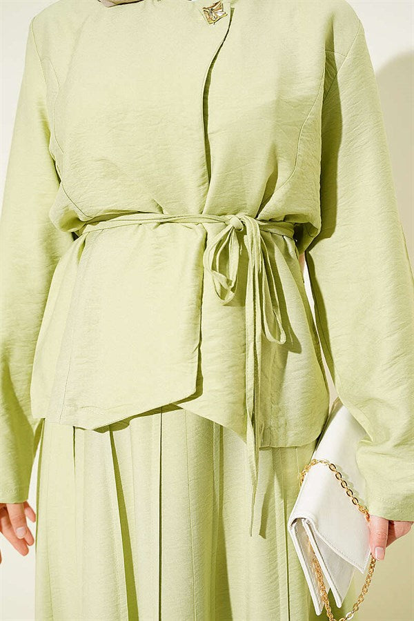 Gold Buttoned Belted Pleated Skirt 2 Piece Set in Light Green