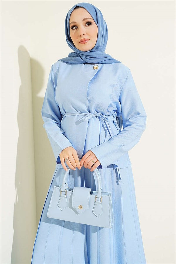 2 Piece Set with Gold Buttons, Belt, and Pleated Skirt, Baby Blue