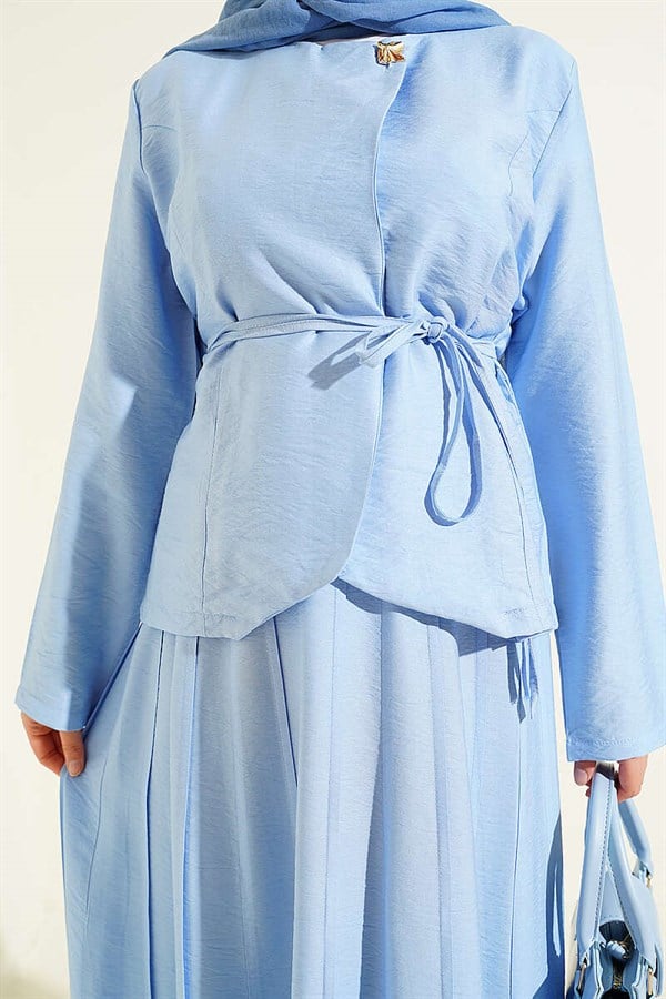 2 Piece Set with Gold Buttons, Belt, and Pleated Skirt, Baby Blue