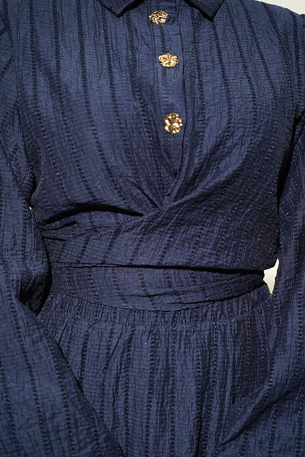 2 Piece Set with gold buttons and front-tie skirt, navy blue.