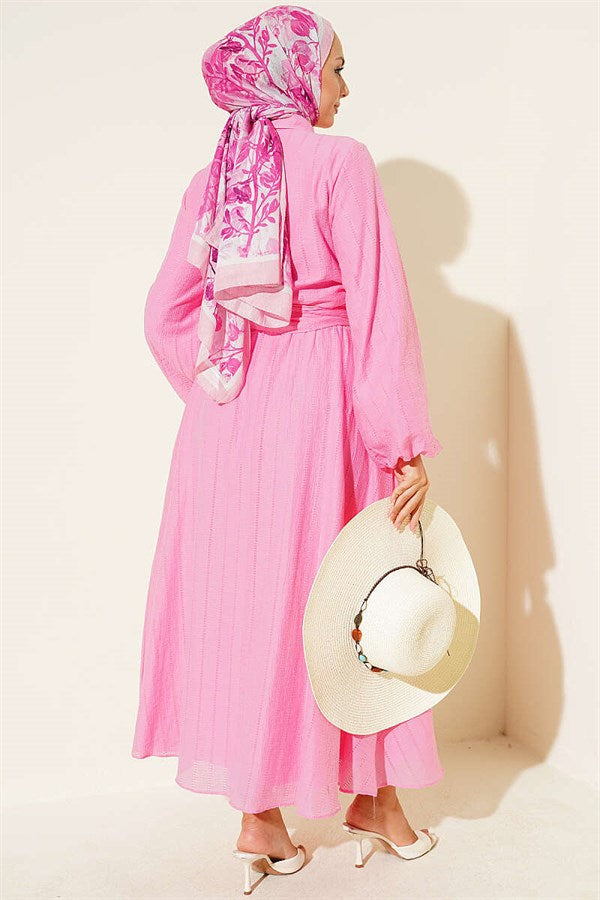 2 Piece Set with gold buttons and front-tie skirt, pink.