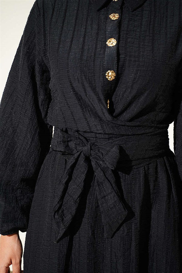 2 Piece Set with gold buttons and front-tie skirt, black.