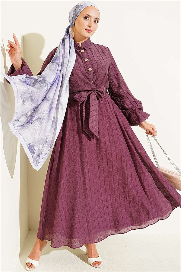 2 Piece Set with gold buttoned front-tie skirt in magenta.