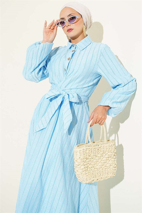 2 Piece Set with Gold Buttons and Front Tie Skirt, Baby Blue