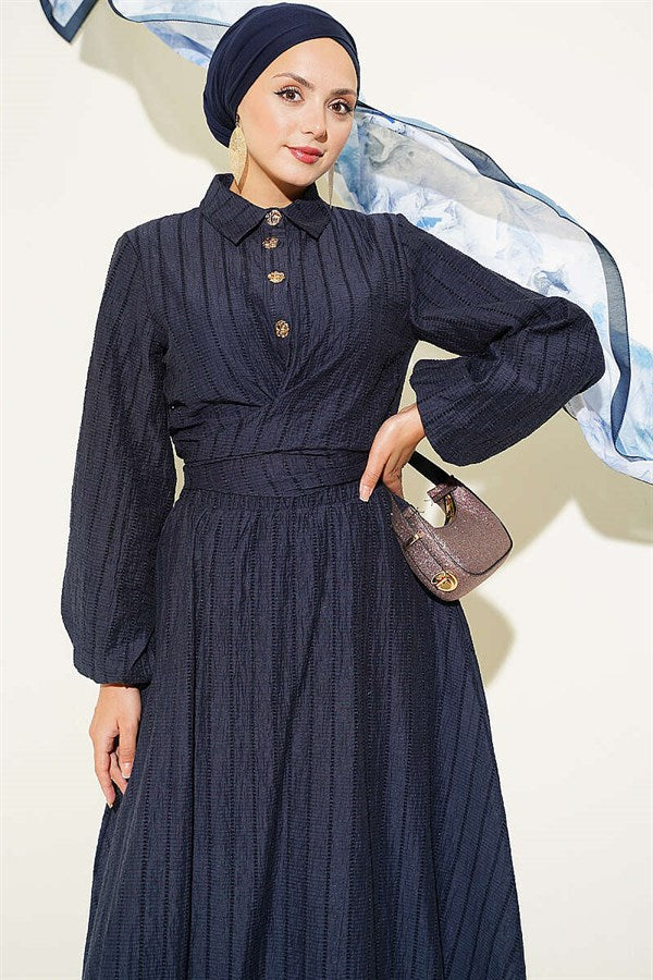 2 Piece Set with gold buttons and front-tie skirt, navy blue.