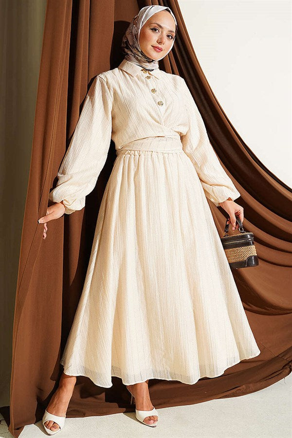 Gold Buttoned Front Tie Skirt 2 Piece Set in Beige
