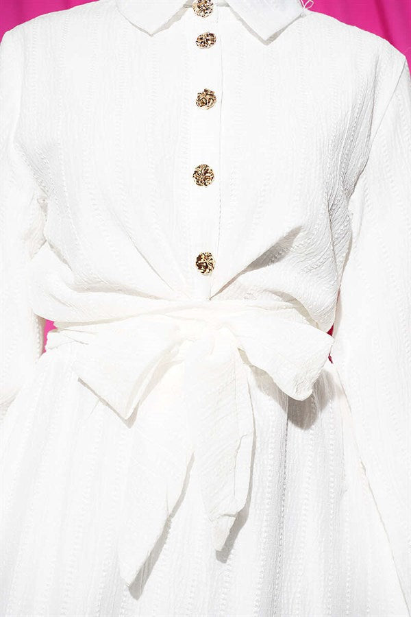 Gold Buttoned Front Tie Skirt 2 Piece Set in Ecru