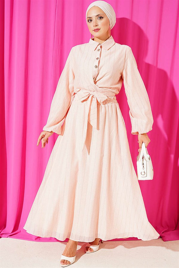 2 Piece Set with Gold Buttons and Front Tie Skirt, Salmon