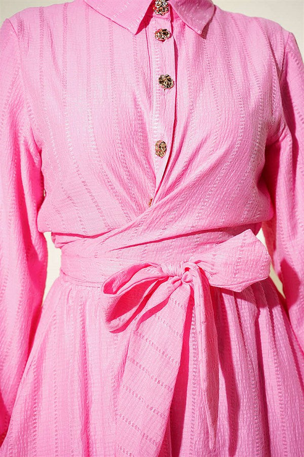 2 Piece Set with gold buttons and front-tie skirt, pink.