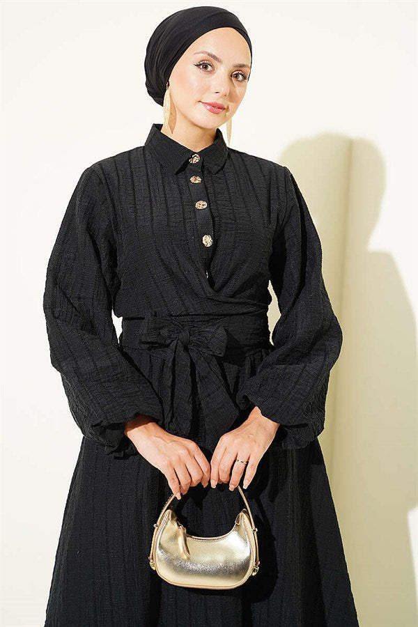2 Piece Set with gold buttons and front-tie skirt, black.