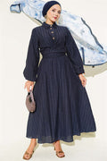 2 Piece Set with gold buttons and front-tie skirt, navy blue.