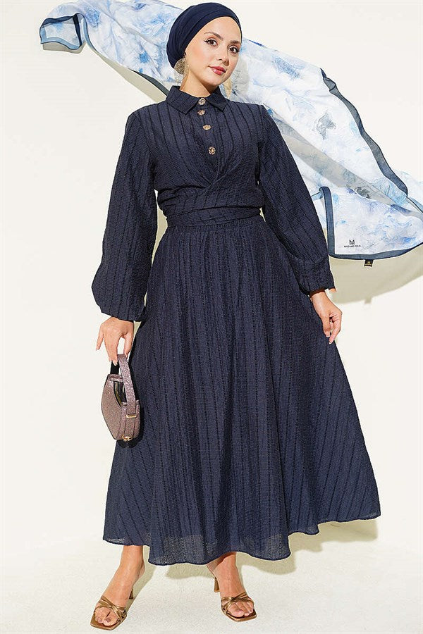2 Piece Set with gold buttons and front-tie skirt, navy blue.