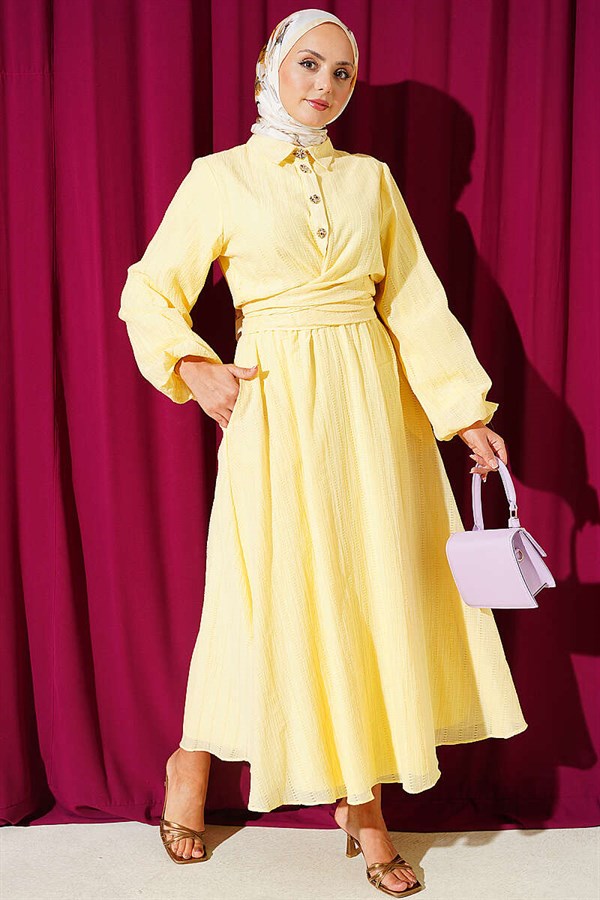 2 Piece Set with gold buttons and front-tie skirt, yellow.