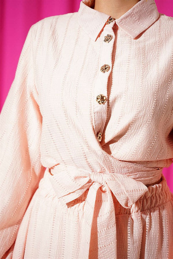 2 Piece Set with Gold Buttons and Front Tie Skirt, Salmon