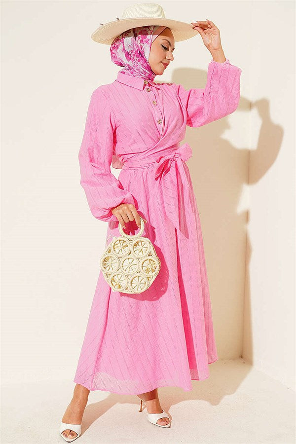 2 Piece Set with gold buttons and front-tie skirt, pink.