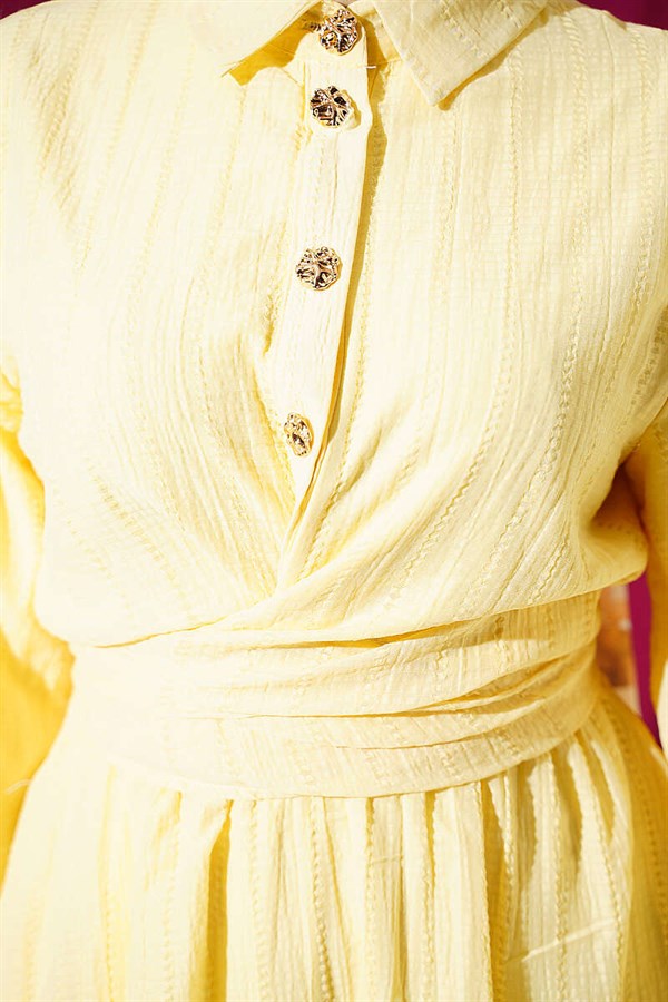 2 Piece Set with gold buttons and front-tie skirt, yellow.