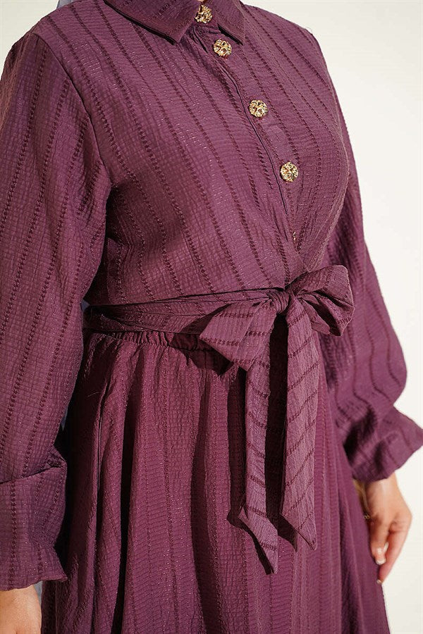 2 Piece Set with gold buttoned front-tie skirt in magenta.