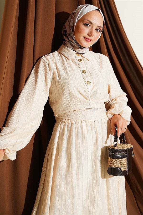 Gold Buttoned Front Tie Skirt 2 Piece Set in Beige
