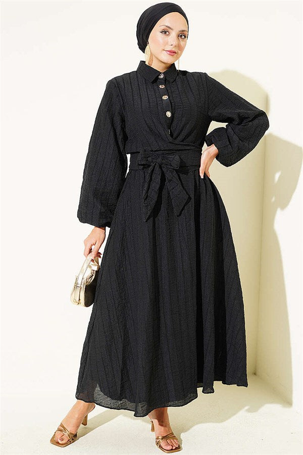 2 Piece Set with gold buttons and front-tie skirt, black.