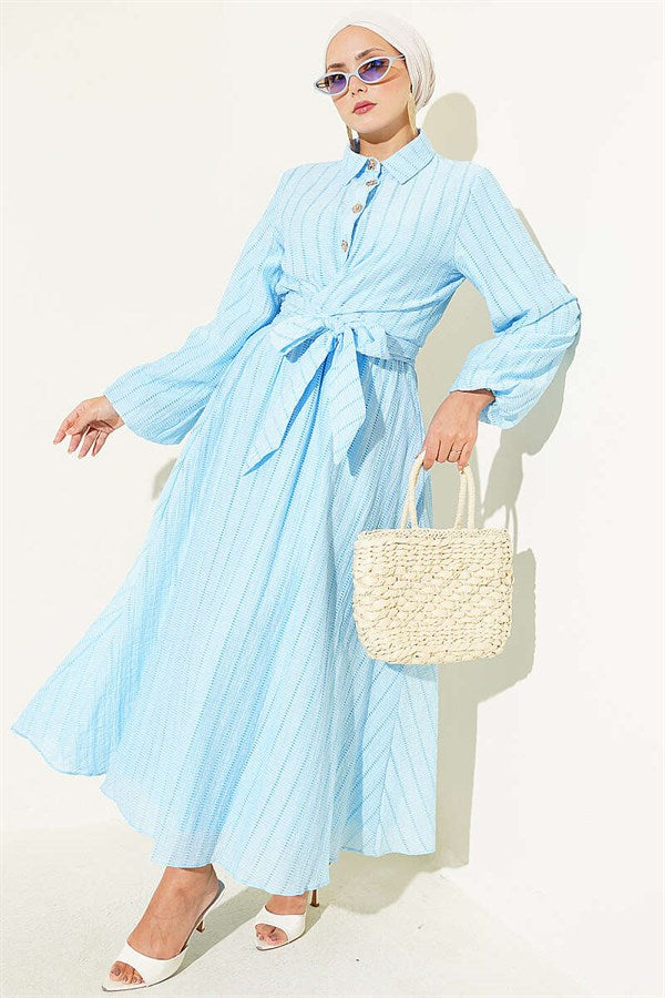 2 Piece Set with Gold Buttons and Front Tie Skirt, Baby Blue