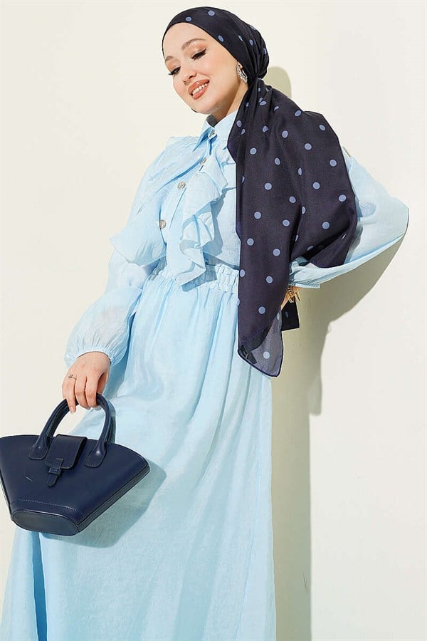 Baby Blue 2 Piece Set with Gold Buttons and Ruffled Front Skirt