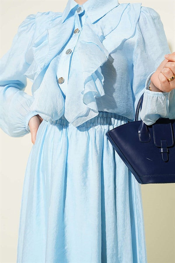 Baby Blue 2 Piece Set with Gold Buttons and Ruffled Front Skirt