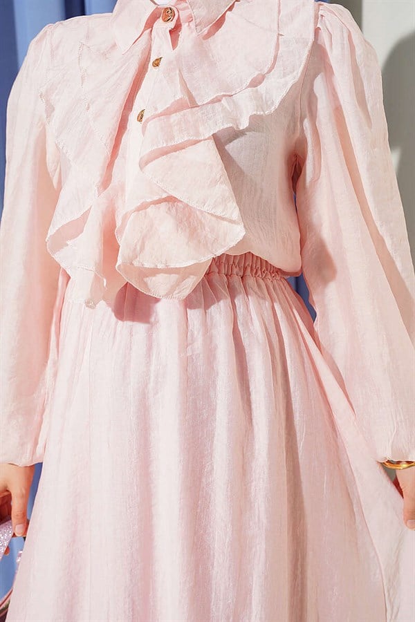 Pink 2 Piece Set with Gold Buttons and Ruffled Front Skirt