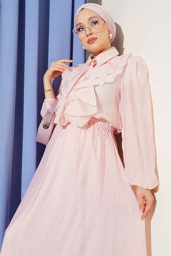 Pink 2 Piece Set with Gold Buttons and Ruffled Front Skirt