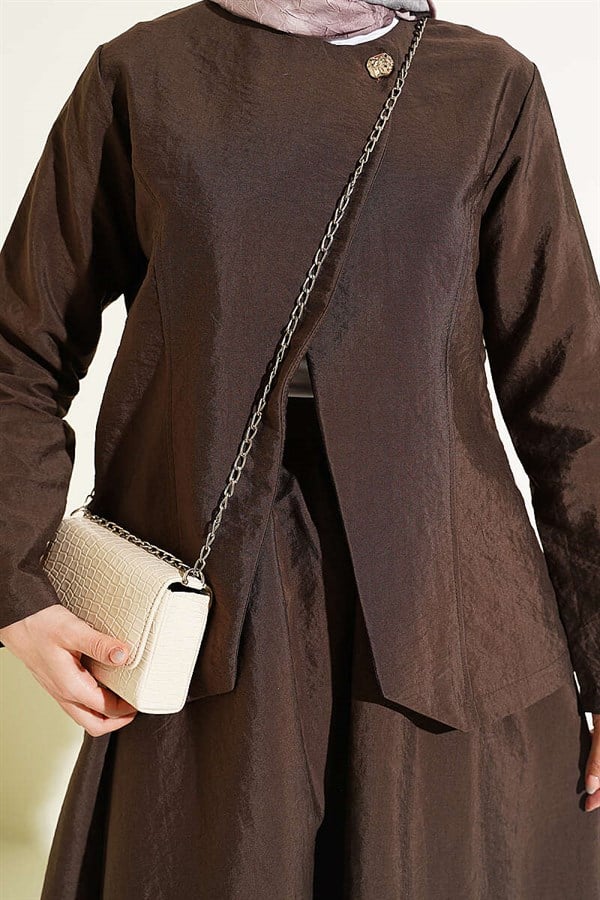 Gold Buttoned Parachute Skirt Set in Coffee