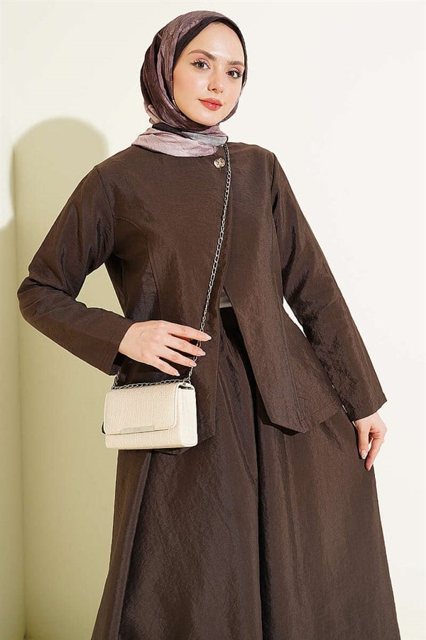 Gold Buttoned Parachute Skirt Set in Coffee