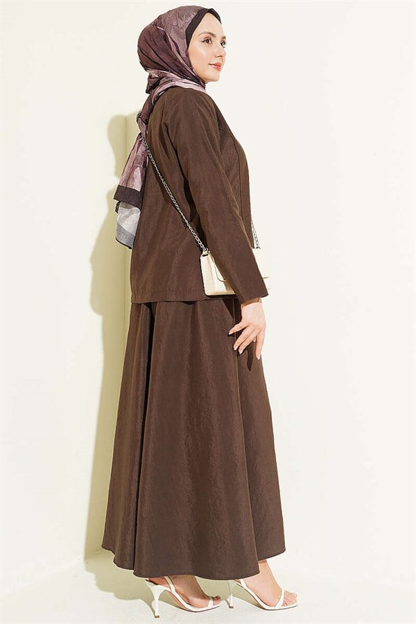 Gold Buttoned Parachute Skirt Set in Coffee