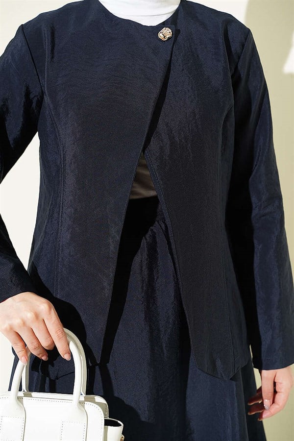 Navy Blue Parachute Skirt Set with Gold Buttons