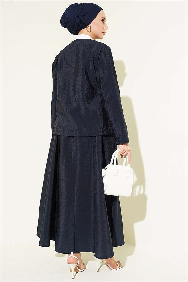 Navy Blue Parachute Skirt Set with Gold Buttons