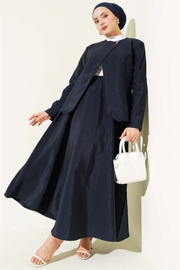 Navy Blue Parachute Skirt Set with Gold Buttons