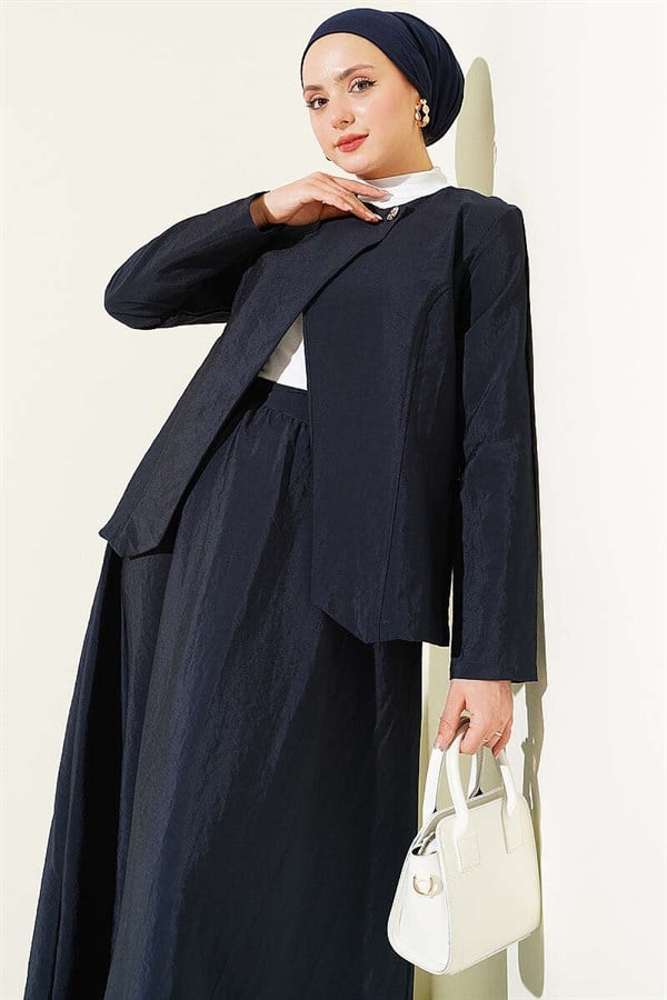 Navy Blue Parachute Skirt Set with Gold Buttons
