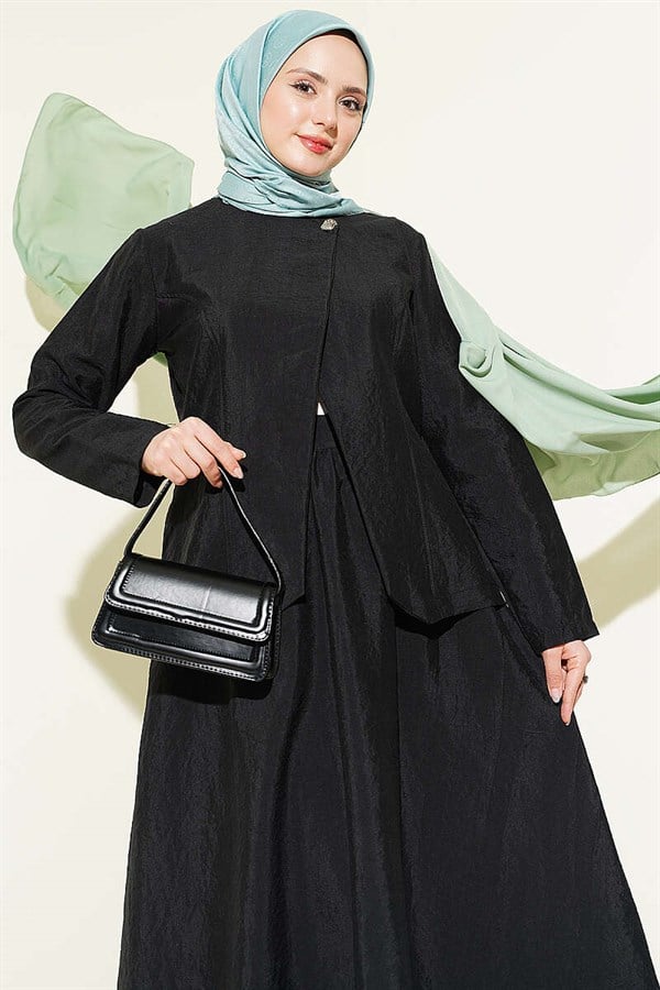 Gold Buttoned Parachute Skirt Set, Black