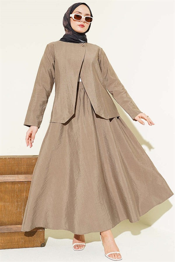 Gold Buttoned Parachute Skirt Set in Mink Color