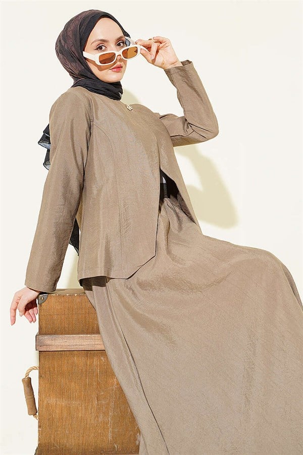 Gold Buttoned Parachute Skirt Set in Mink Color